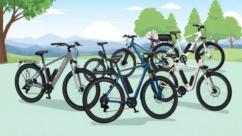 Uma ilustração mostrando a variedade de bicicletas elétricas, com um cenário ao ar livre vibrante, destacando os recursos de cada modelo.